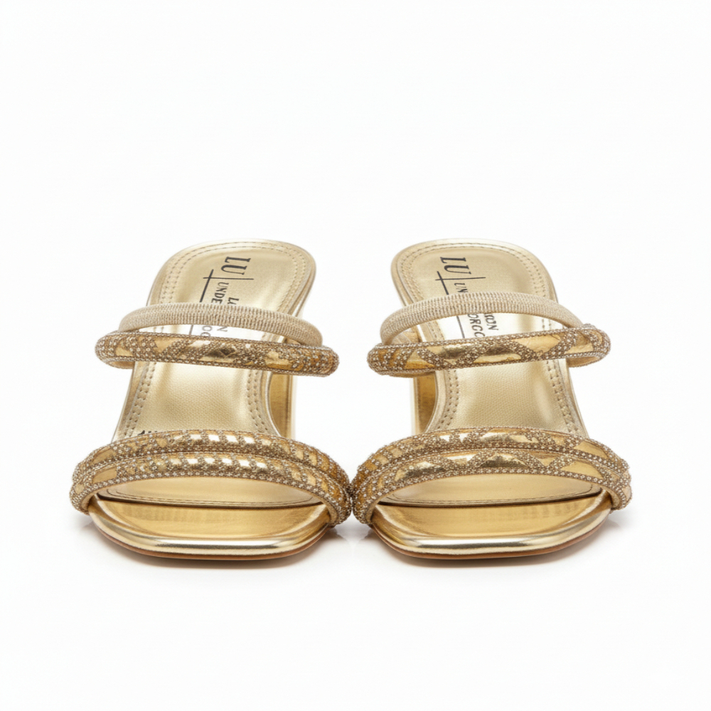 Womens Gold Embellished Block Heel Slide Sandals